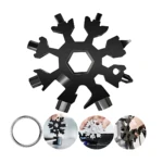 Multiherramienta copo de nieve negra con 18 funciones, incluye llave de seguridad y accesorios para abrir botellas y resolver urgencias mecánicas.