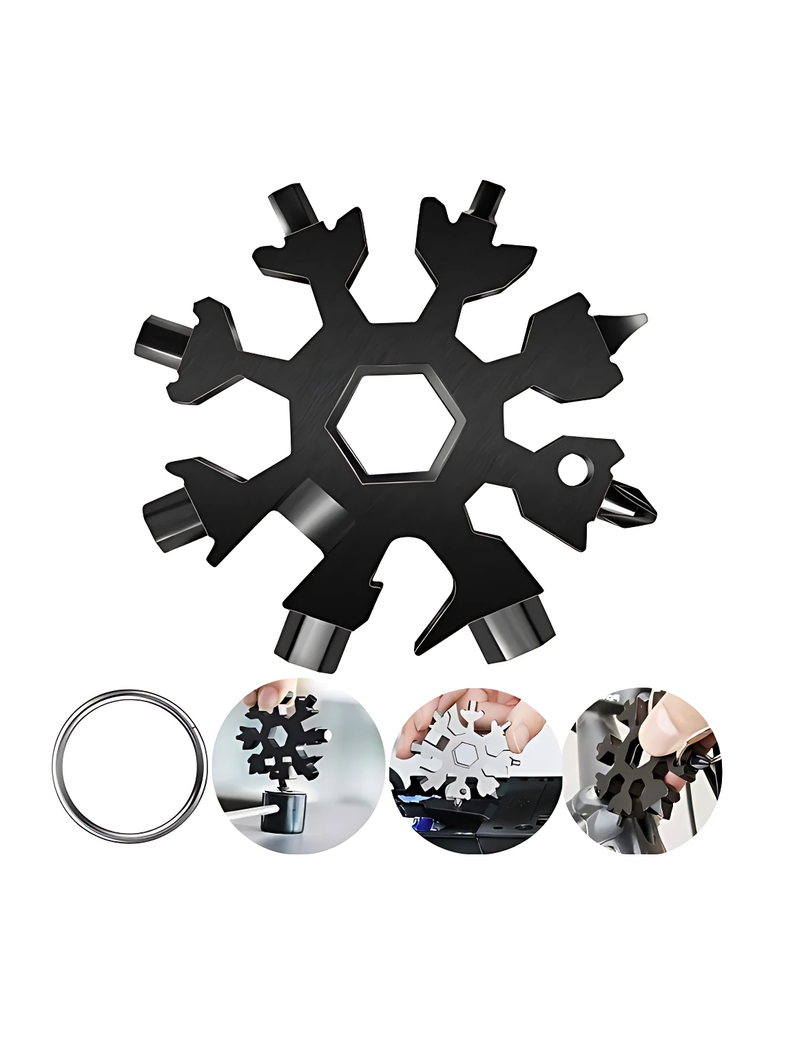 Multiherramienta copo de nieve negra con 18 funciones, incluye llave de seguridad y accesorios para abrir botellas y resolver urgencias mecánicas.