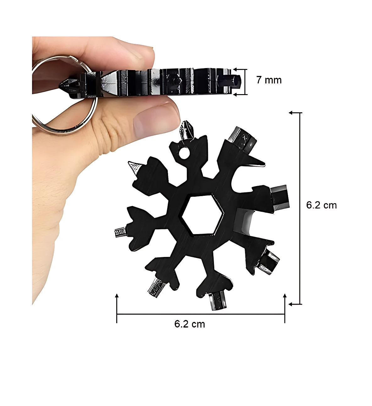 Multiherramienta copo de nieve negra con 18 funciones, incluye llave de coche y abrebotellas, mide 6,2 cm de lado y 7 mm de grosor.