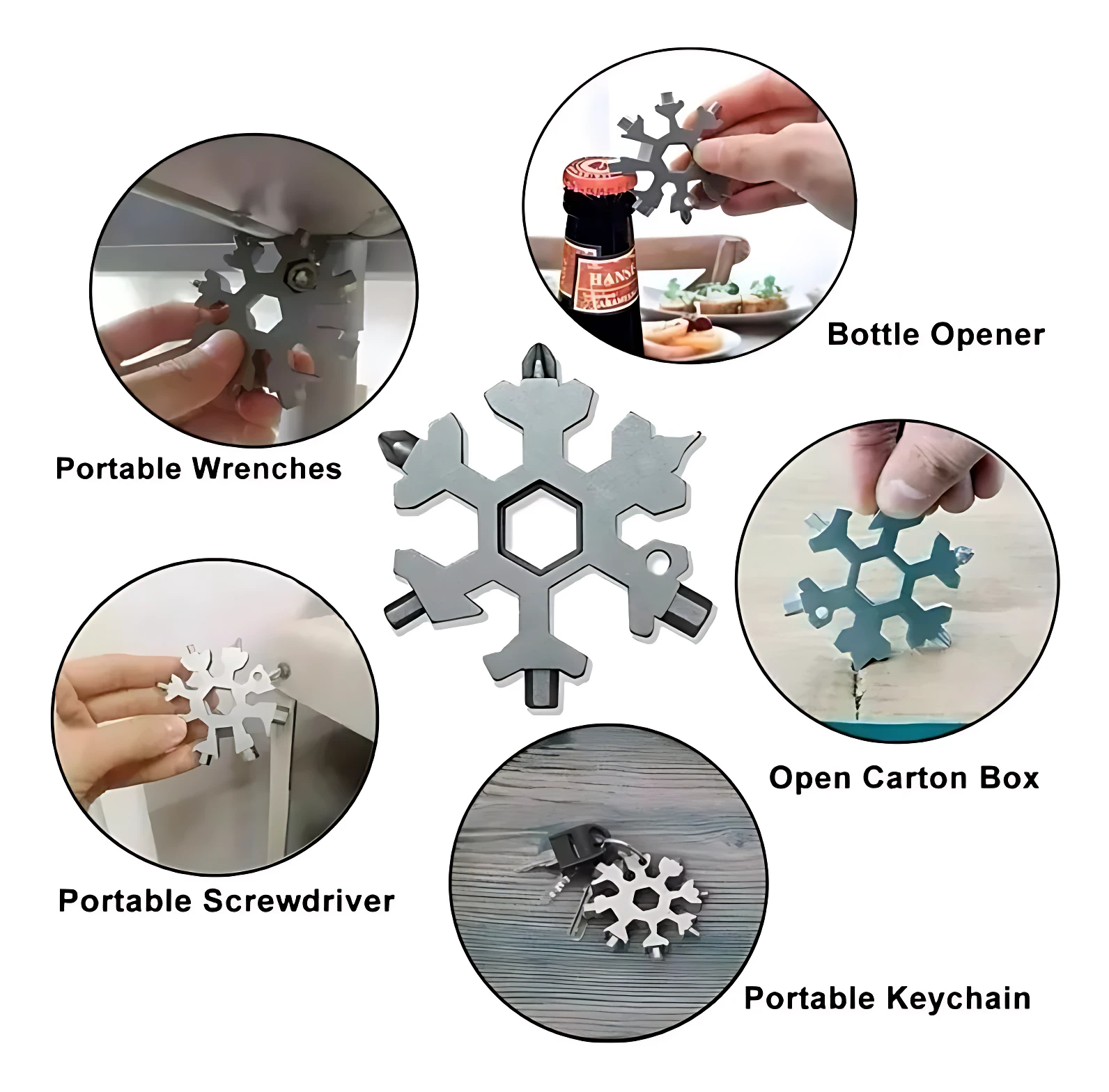 Multiherramienta en forma de copo de nieve plateada, con múltiples puntas para abrir botellas, destornillar, abrir cajas y llevar como llavero.