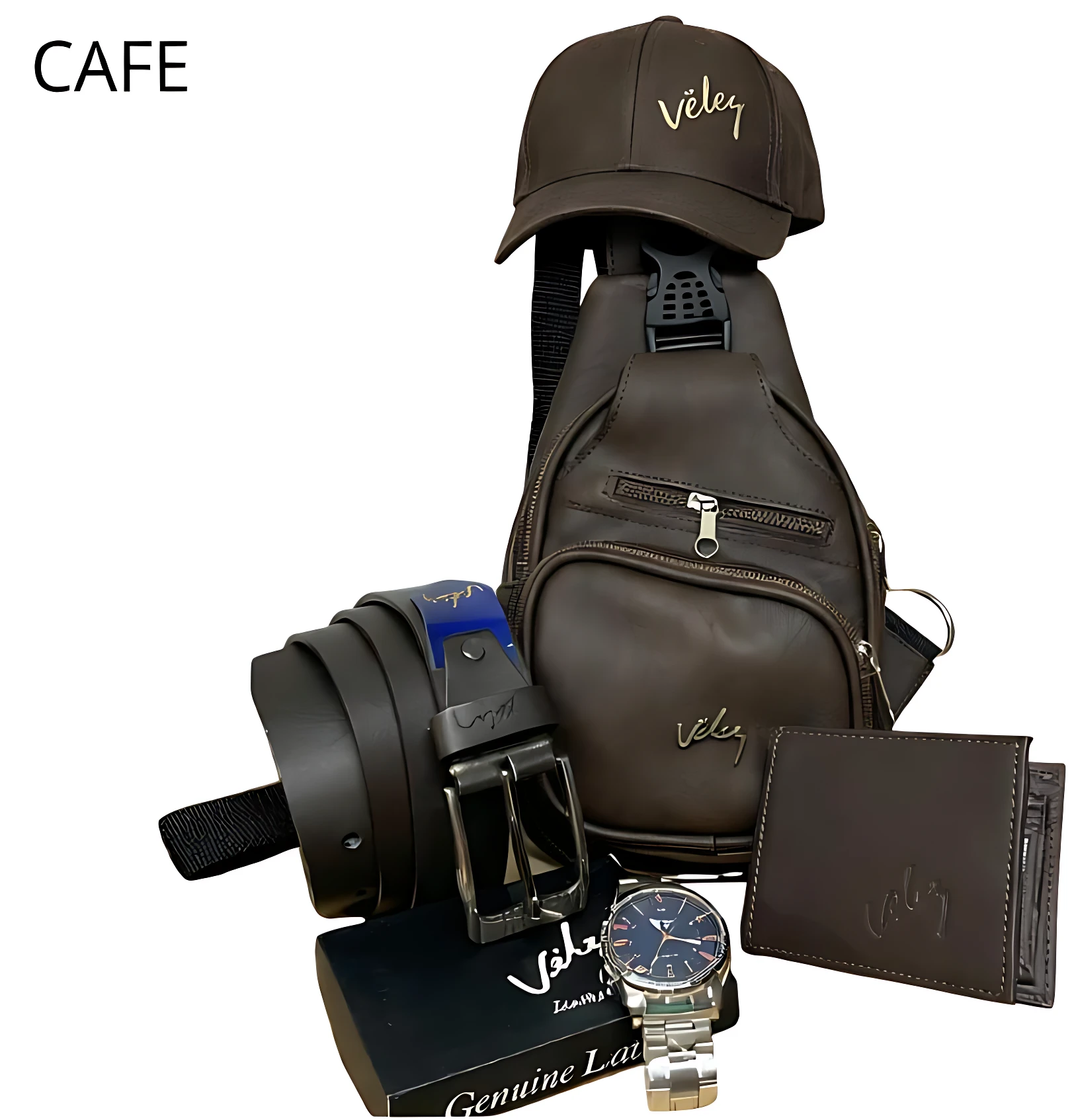 Bolso cruzado marrón con gorra, reloj y correa; set completo para hombre con detalles en logo Veleq.