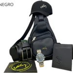 Bolso cruzado negro con correa ajustable, reloj de pulsera, gorra y billetera, todos con logo Viley, presentados sobre fondo blanco.