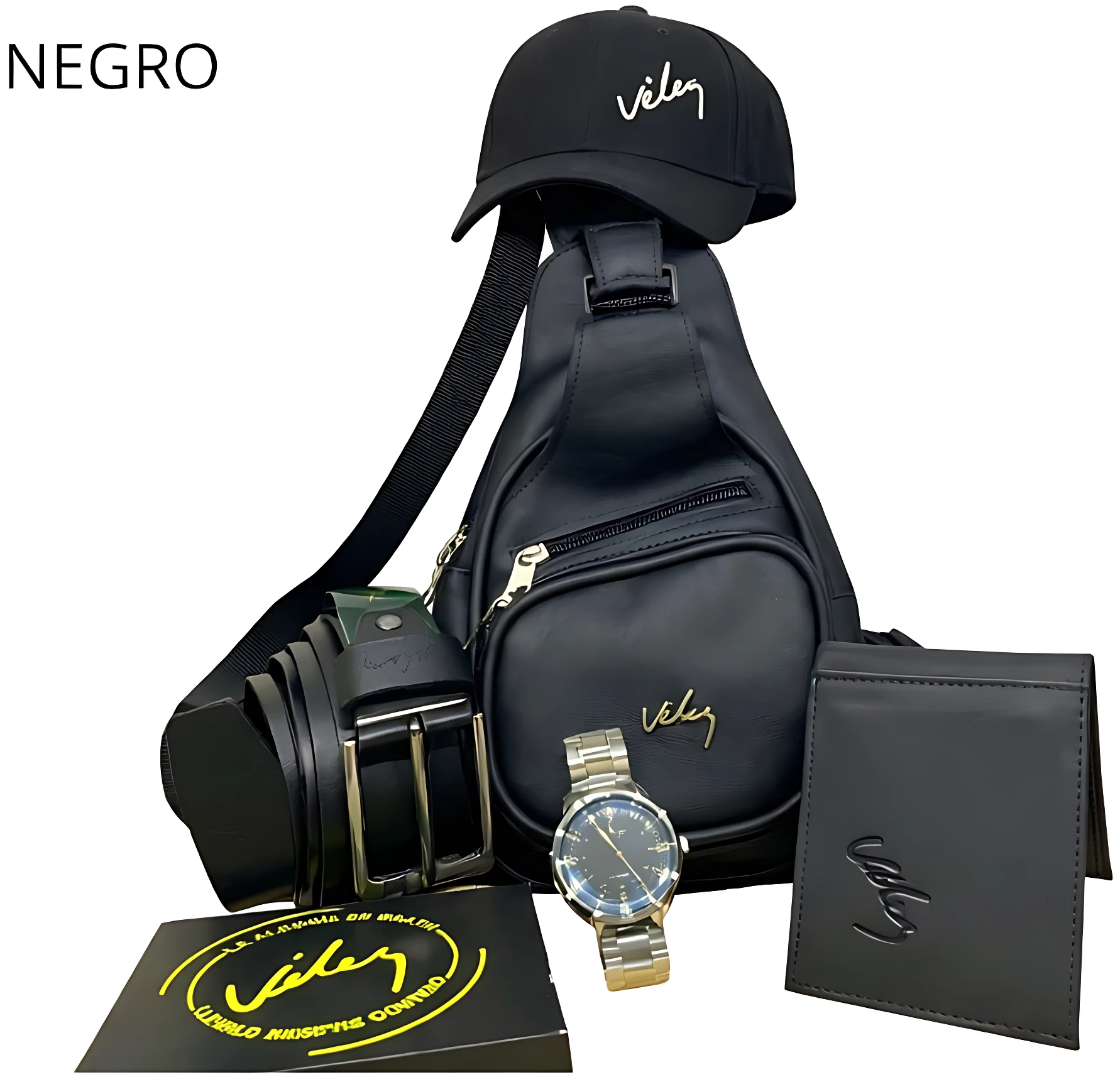 Bolso cruzado negro con correa ajustable, reloj de pulsera, gorra y billetera, todos con logo Viley, presentados sobre fondo blanco.