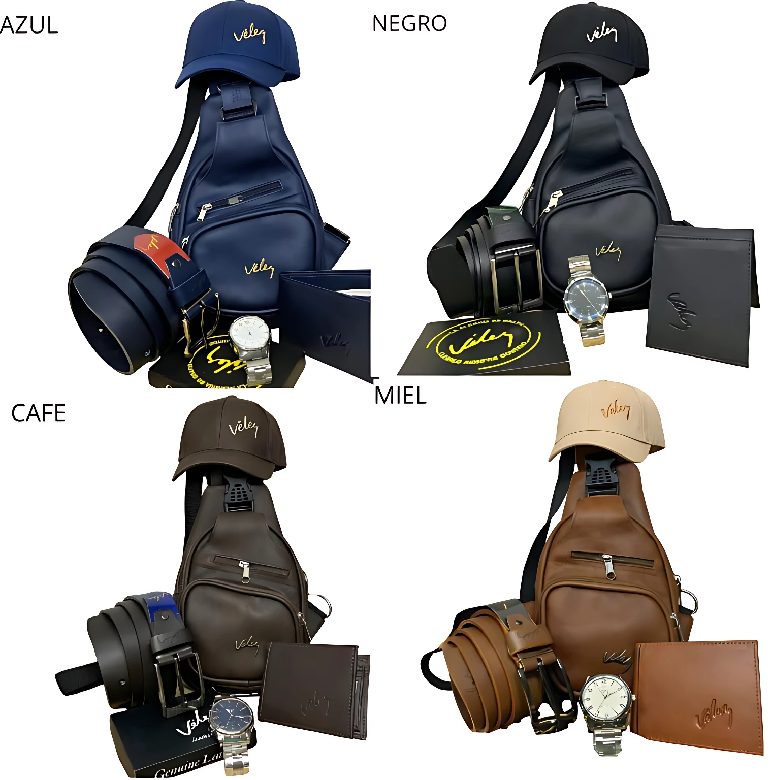 Cuatro presentaciones de bolso cruzado para hombre en azul, negro, café y miel, con gorra, reloj y billetera; incluye correa ajustable y detalles en cuero sintético.