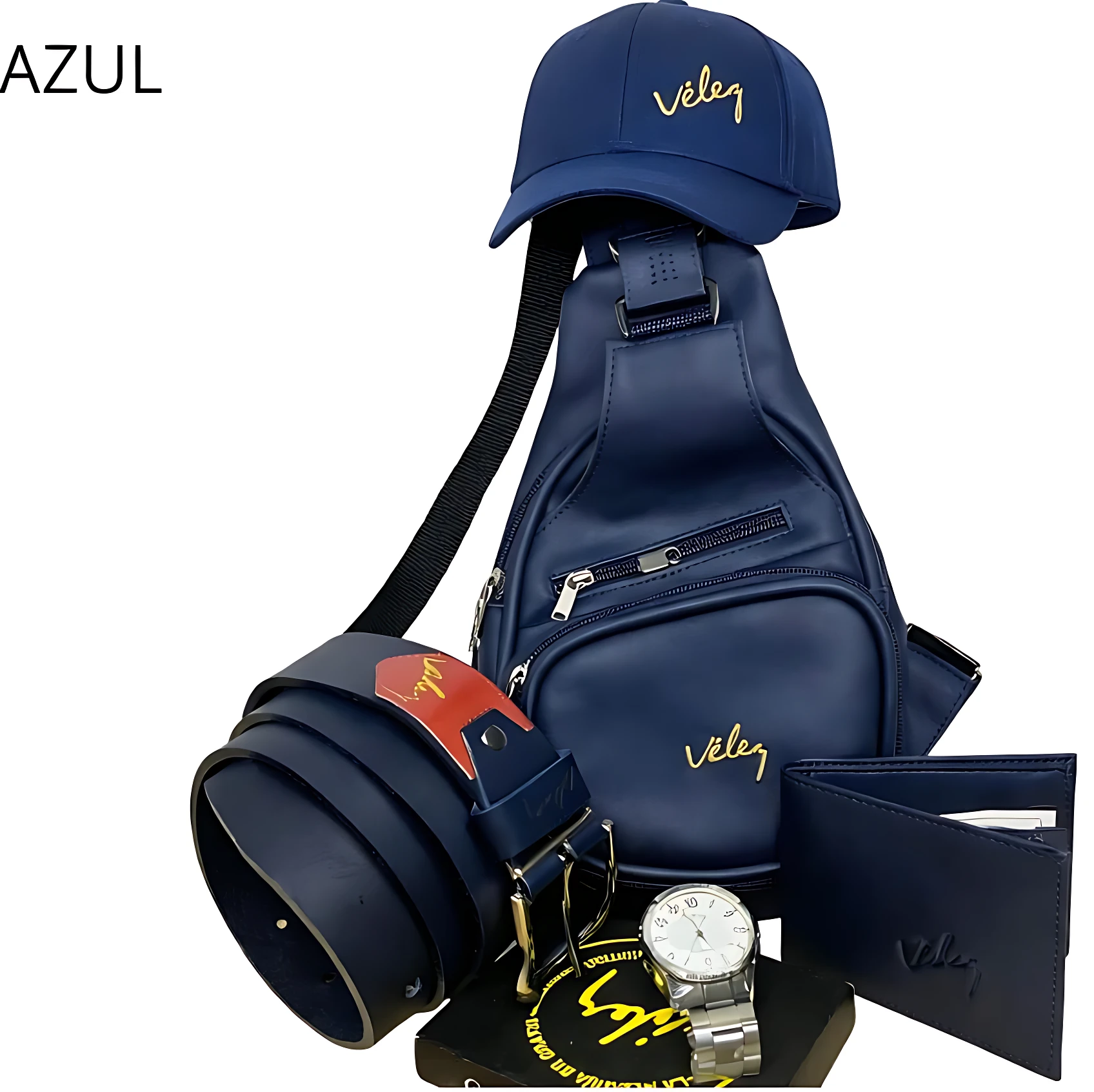 Bolso cruzado azul marino con correa ajustable, gorra, reloj y billetera; conjunto completo para hombre.