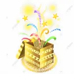 Caja de regalo dorada decorada con patrones geométricos, de la cual emergen serpentinas coloridas, estrellas brillantes y destellos luminosos festivos.