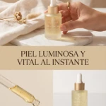 Bote de vidrio con gotero de Oleo Facial Antioxidante, color dorado translúcido, sobre superficie blanca con tela suave y flores secas; incluye pipeta con gota visible.