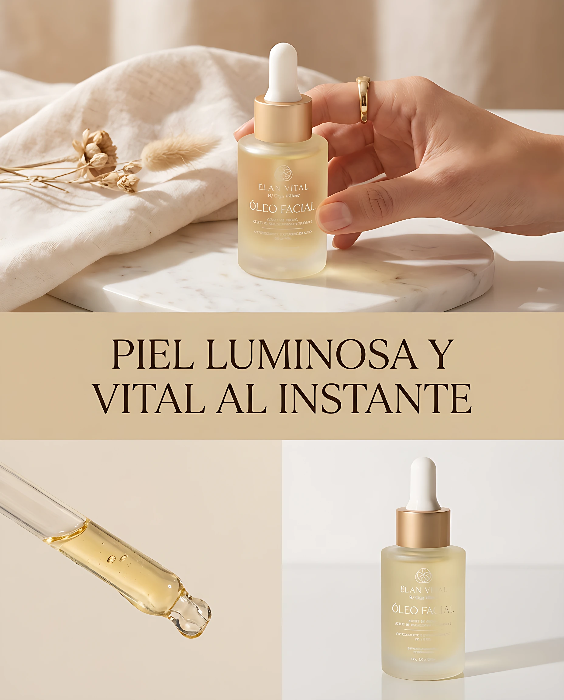 Bote de vidrio con gotero de Oleo Facial Antioxidante, color dorado translúcido, sobre superficie blanca con tela suave y flores secas; incluye pipeta con gota visible.