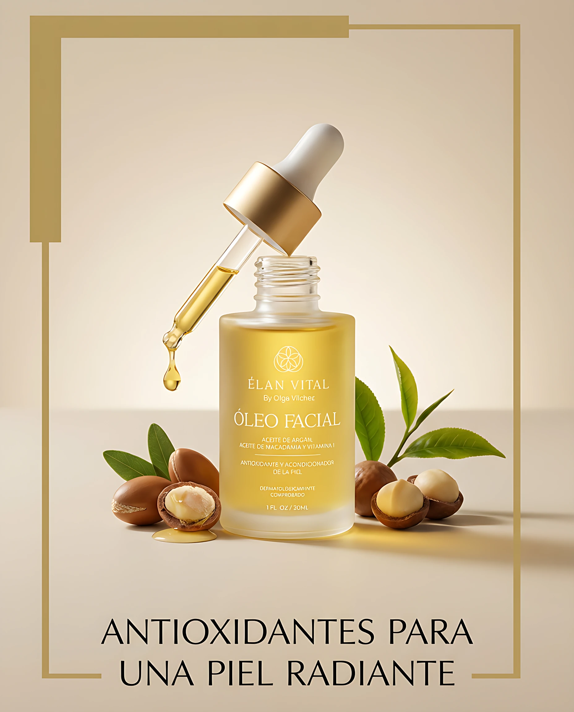 Bote de vidrio transparente con gotero dorado, contenido en aceite amarillo claro, rodeado de nueces y hojas verdes sobre fondo beige. Etiqueta indica “Oleo Facial” y “Antioxidantes para una piel radiante”.