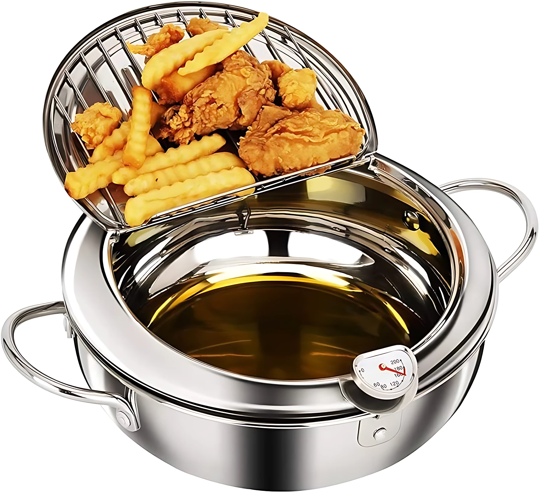 Olla freidora japonesa de acero inoxidable con tapa drenadora, mostrando pollo frito y papas fritas en la rejilla superior y aceite en el recipiente inferior.
