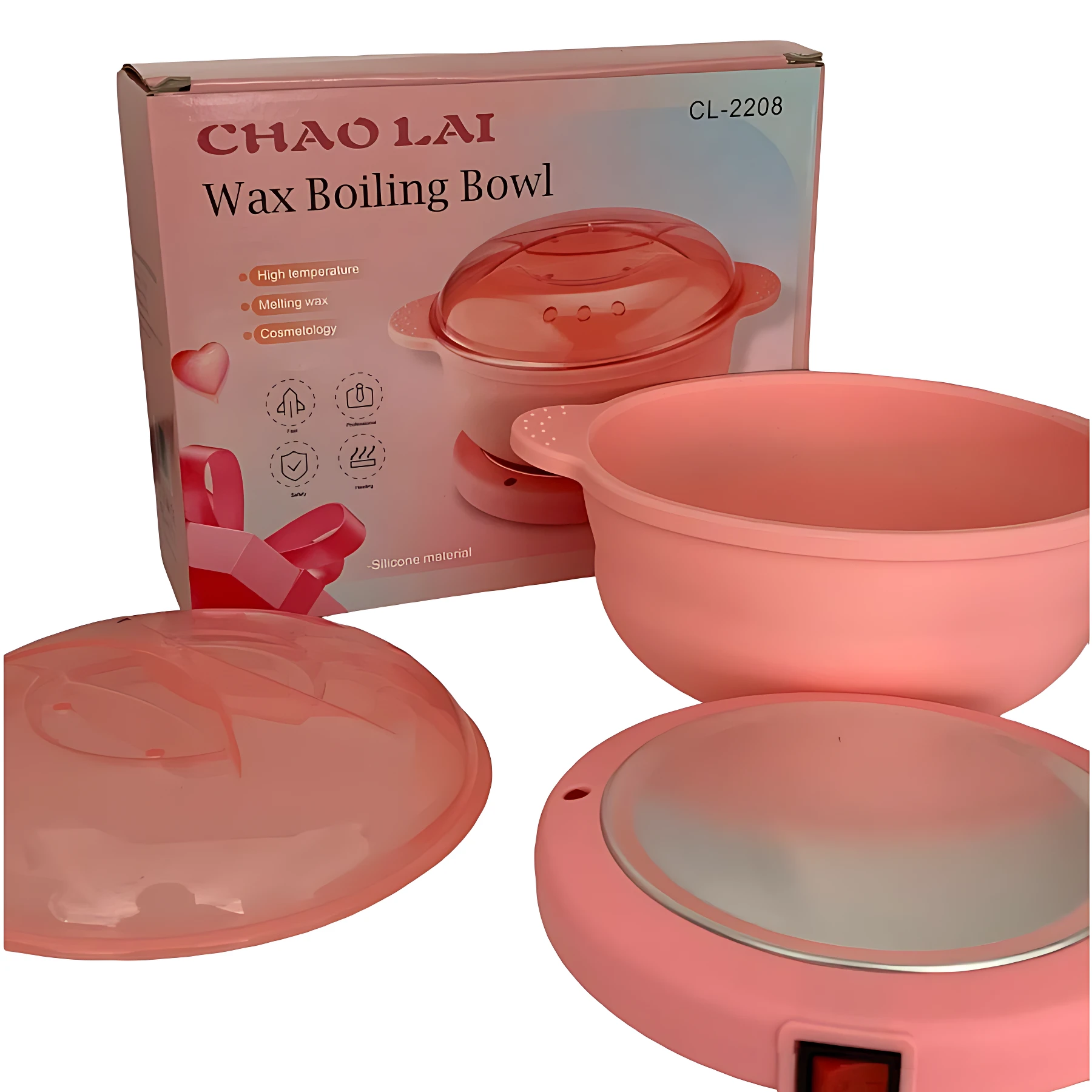 Olla eléctrica para cera depilatoria en color rosa, con tapa y base plegable. Incluye caja de presentación. Modelo CL-2208.