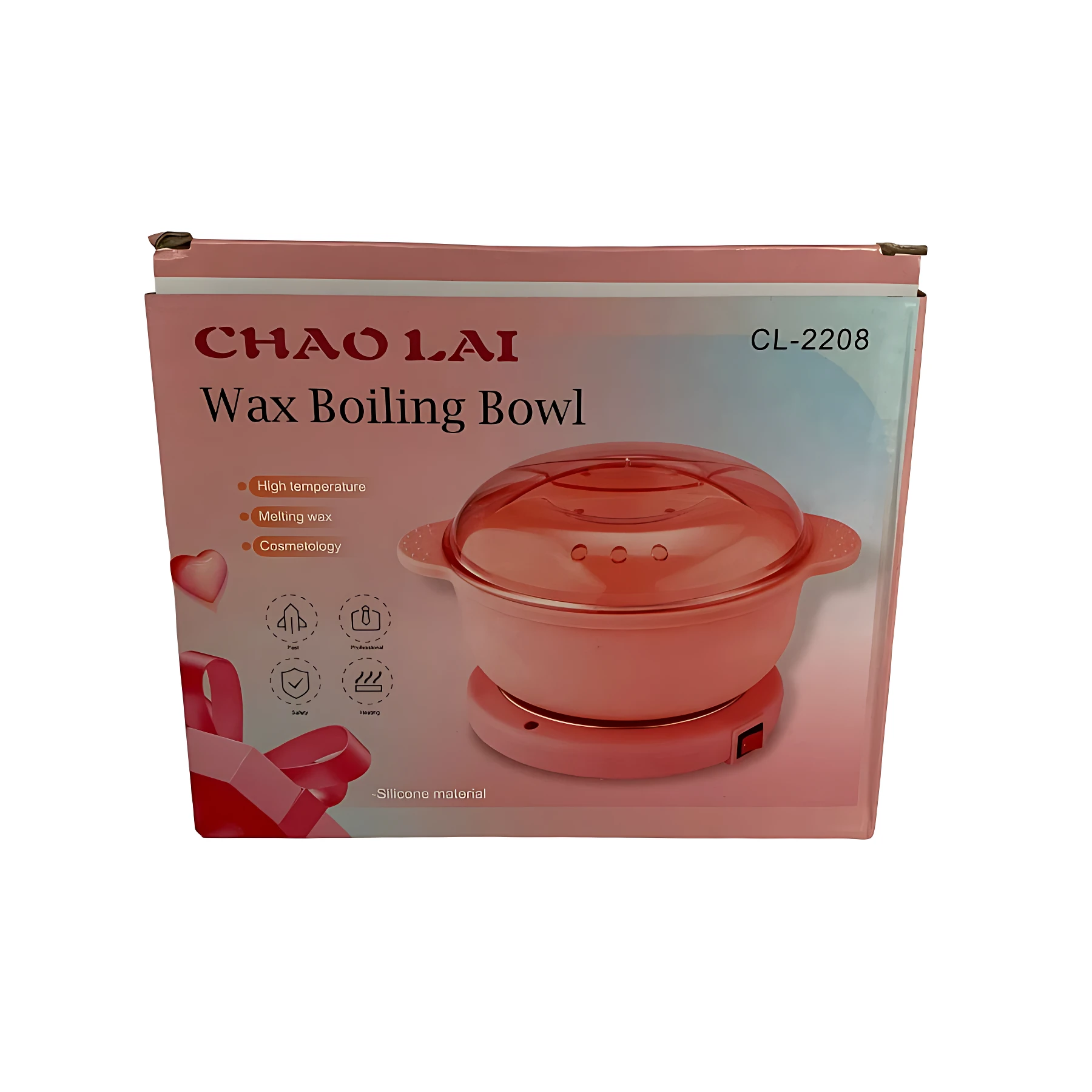 Caja del producto Chao Lai CL-2208, olla eléctrica para cera depilatoria en color rosa con tapa y base de silicona.
