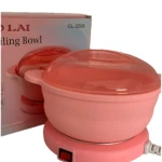 Olla eléctrica para cera depilatoria en color rosa, con tapa transparente y base de silicona. Incluye interruptor rojo y cable de alimentación. Modelo CL-2208.