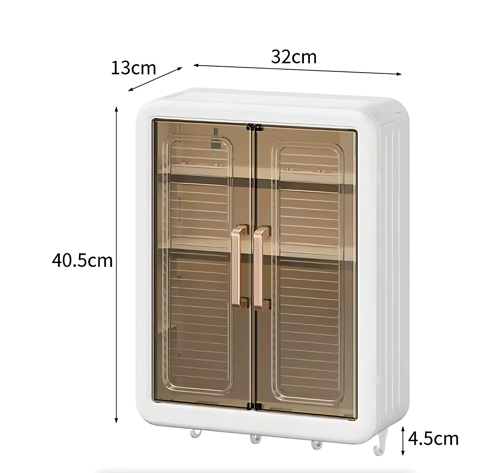 Organizador de baño pared blanco con puertas translúcidas y medidas 32x40.5x4.5 cm, ideal para utensilios secos.