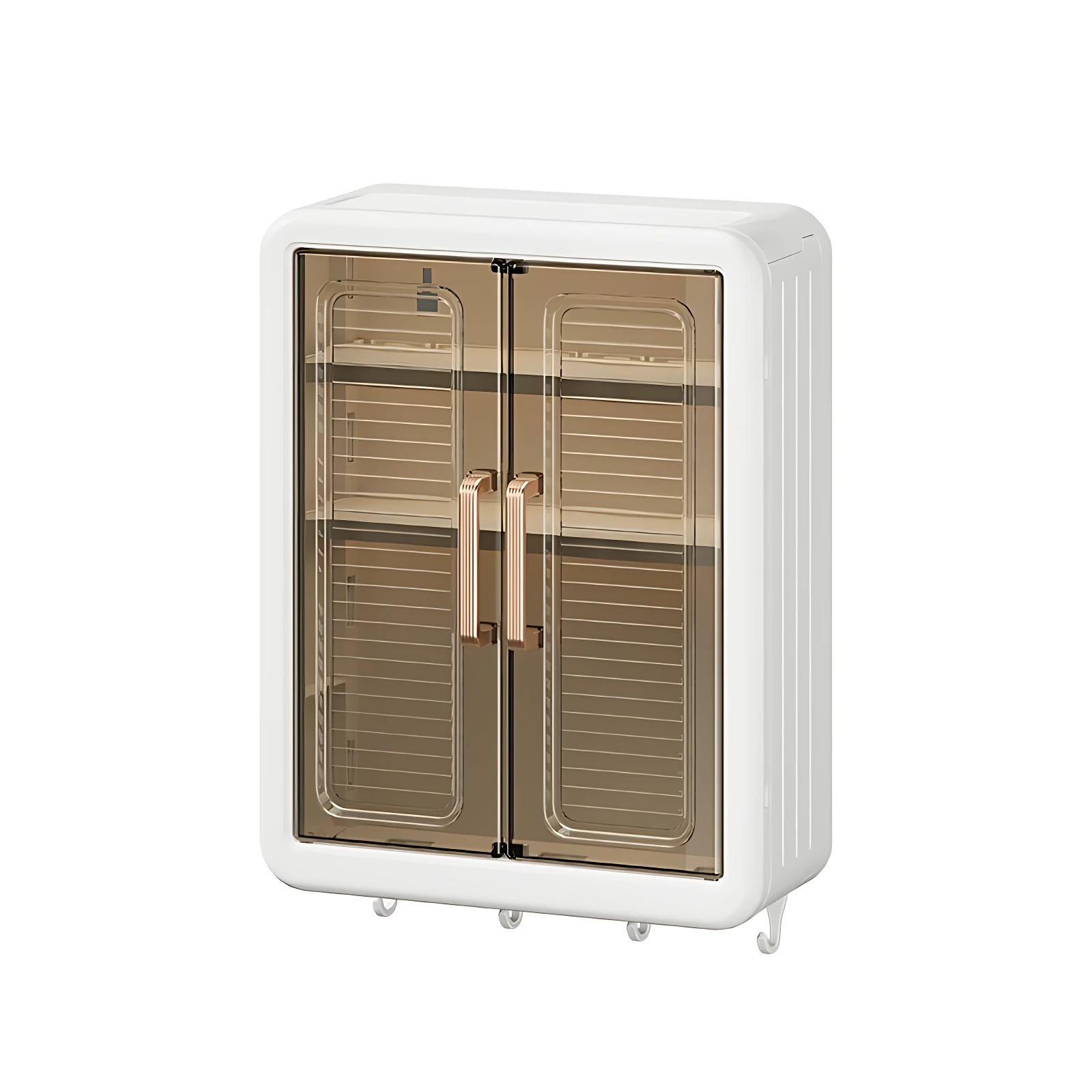 Organizador de baño pared con puertas transparentes y marcos blancos, incluye estantes internos y sistema de drenaje inferior.