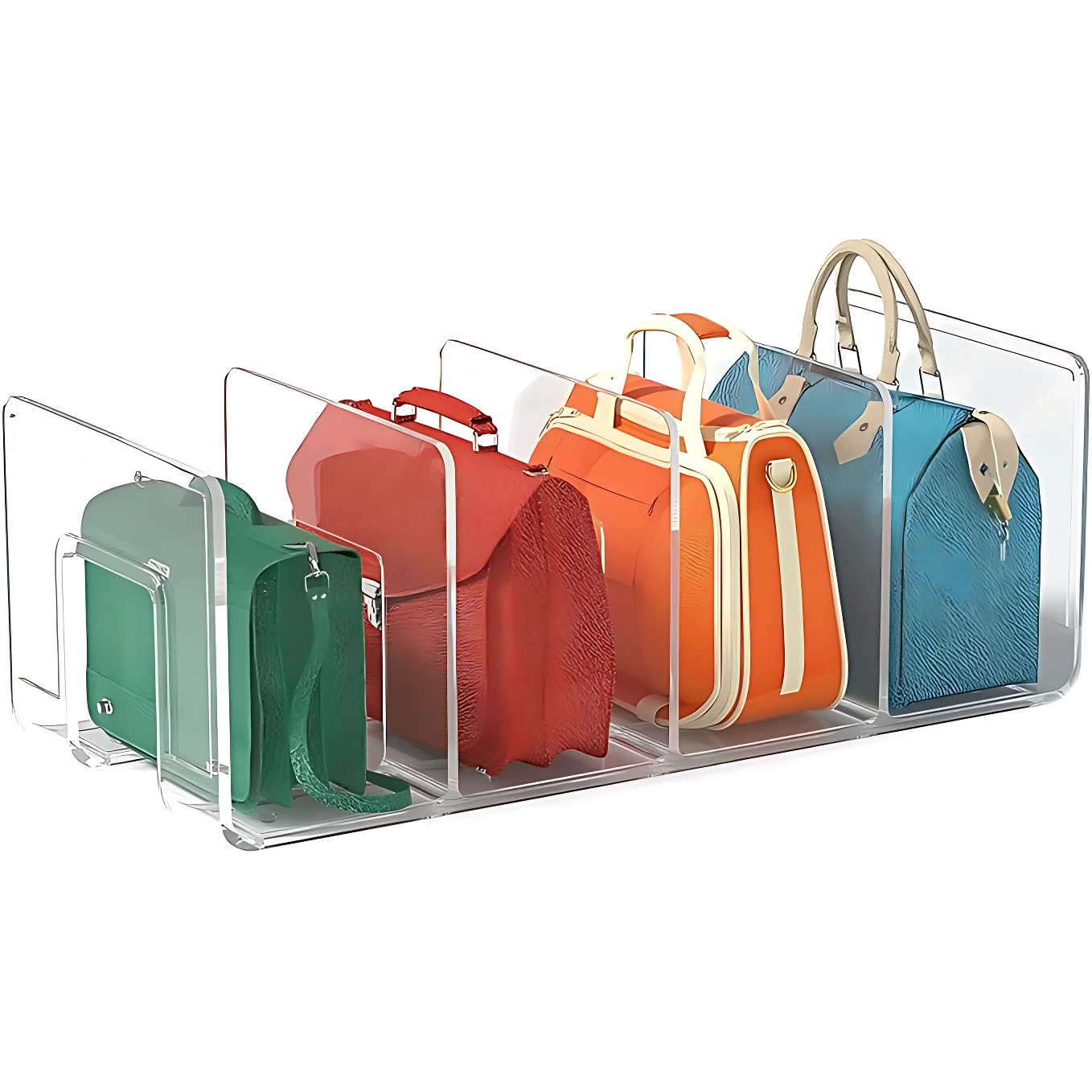Organizador de bolsos transparente con divisiones, mostrando cuatro bolsos de colores verde, rojo, naranja y azul dispuestos en compartimentos individuales.