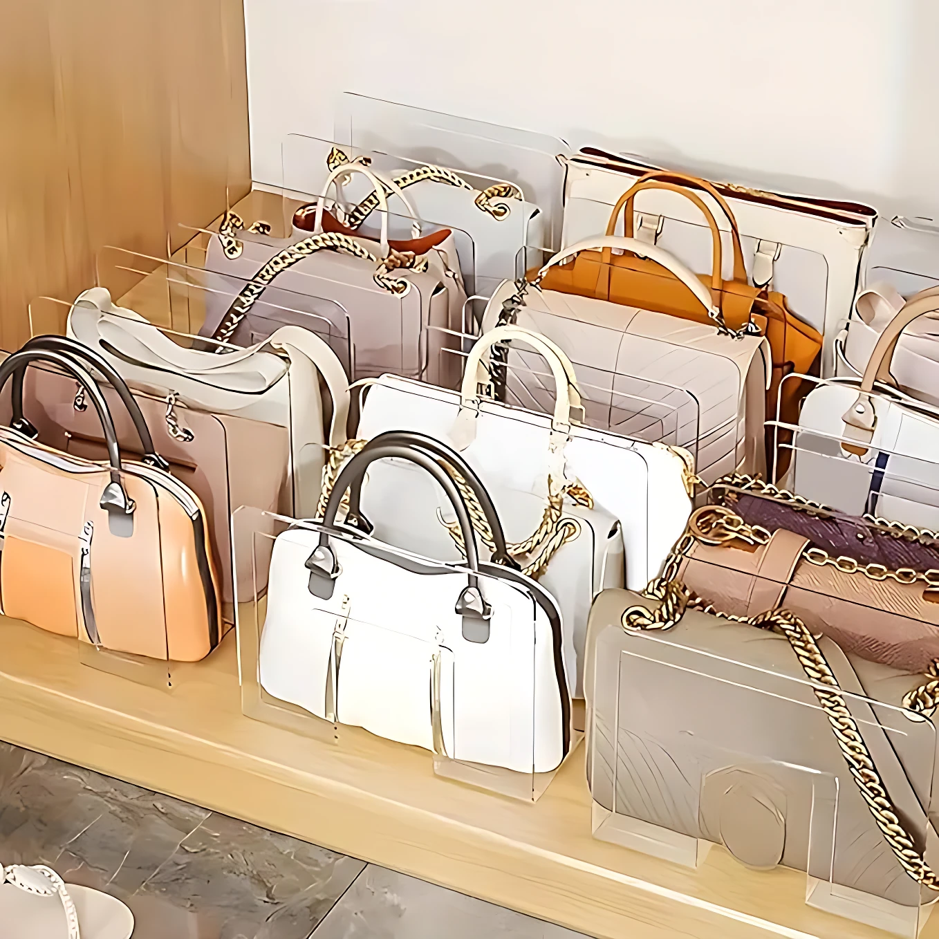 Organizador de bolsos transparente con divisiones, exhibiendo múltiples bolsos de colores y texturas sobre estantes de madera.