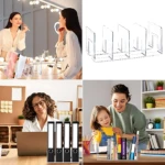 Organizador de bolsos transparente con divisiones, mostrando uso en baño, oficina y hogar. Material acrílico, diseño modular para accesorios y documentos.