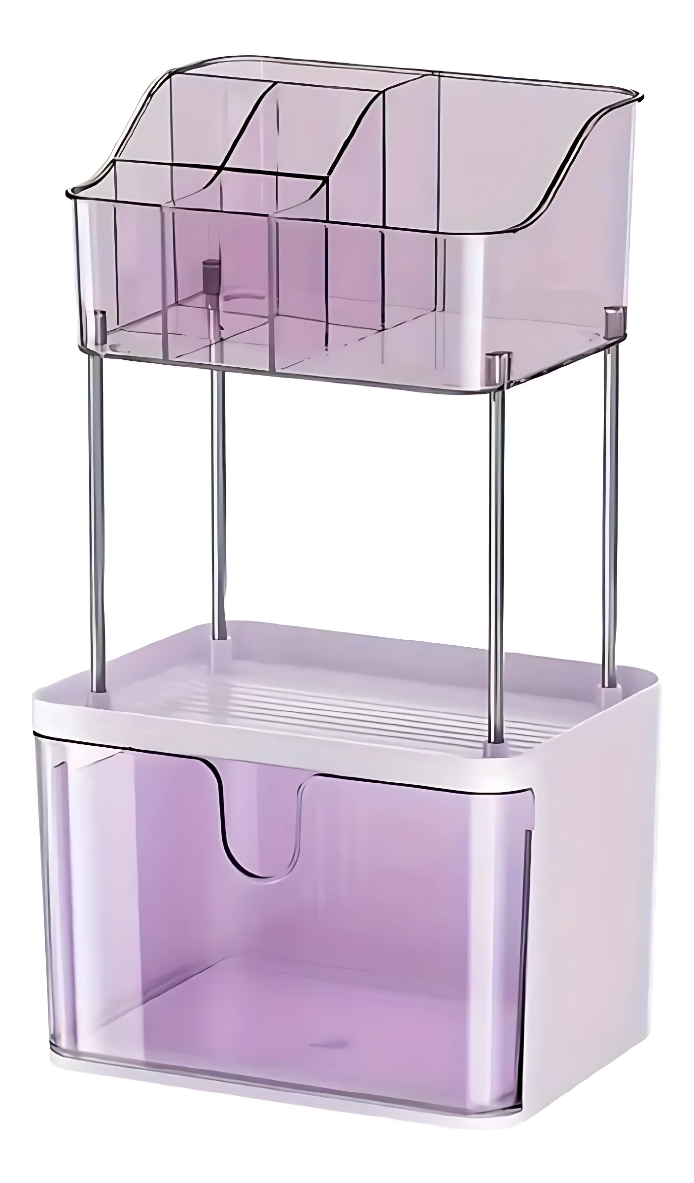 Organizador de cosméticos en tonos lavanda con cajón inferior y bandeja superior para almacenamiento de productos de belleza.