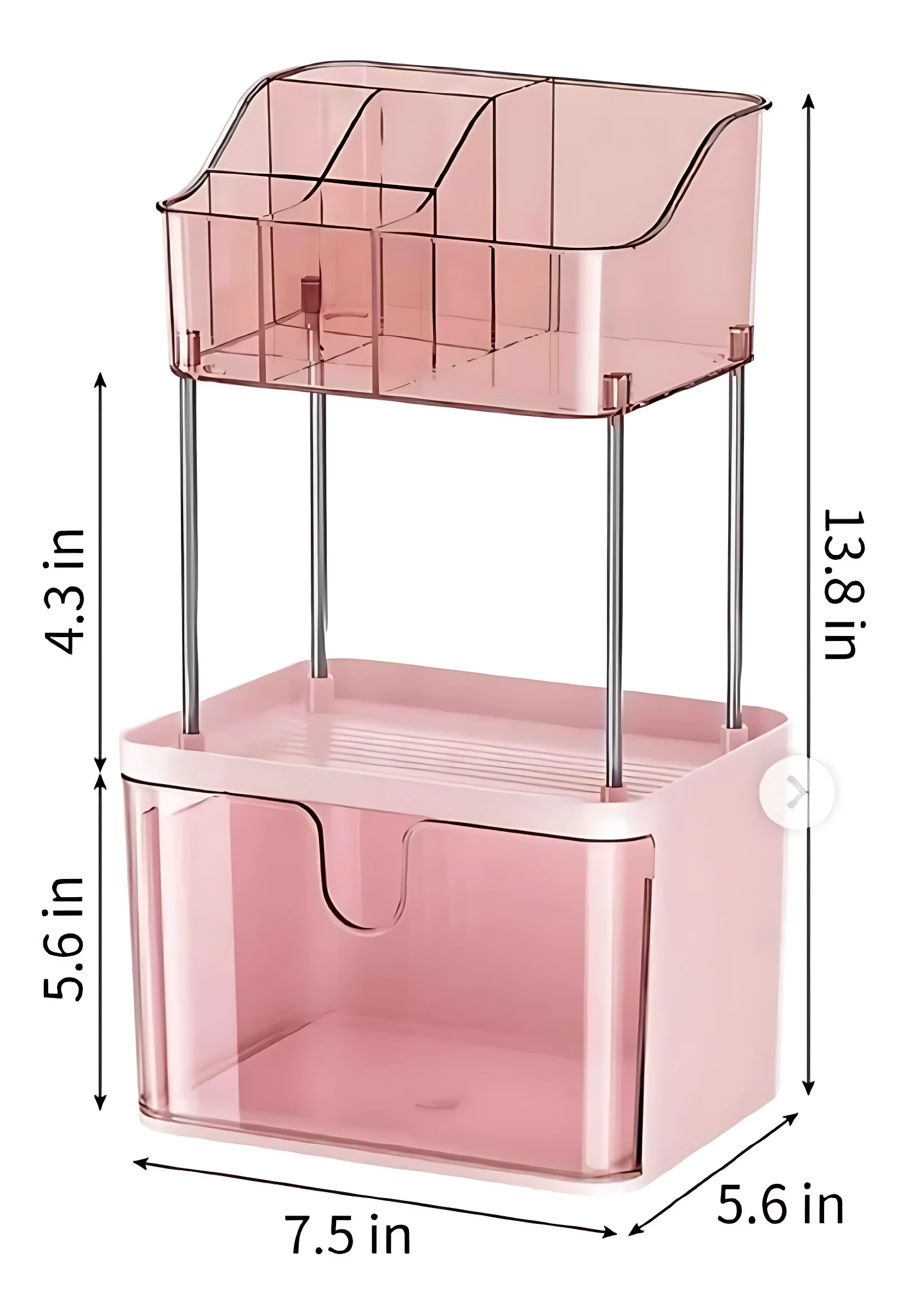 Organizador de cosméticos rosa con cajón y bandeja superior, medido en pulgadas (13.8 in alto, 7.5 in ancho).