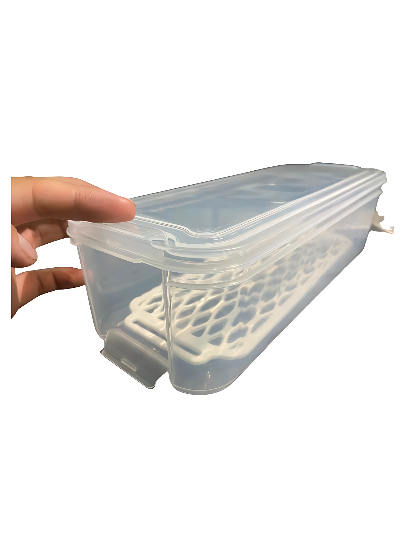 Organizador de nevera transparente de 2000 ml con rejilla interna para descongelar alimentos, mostrando su interior y tapa ajustable.