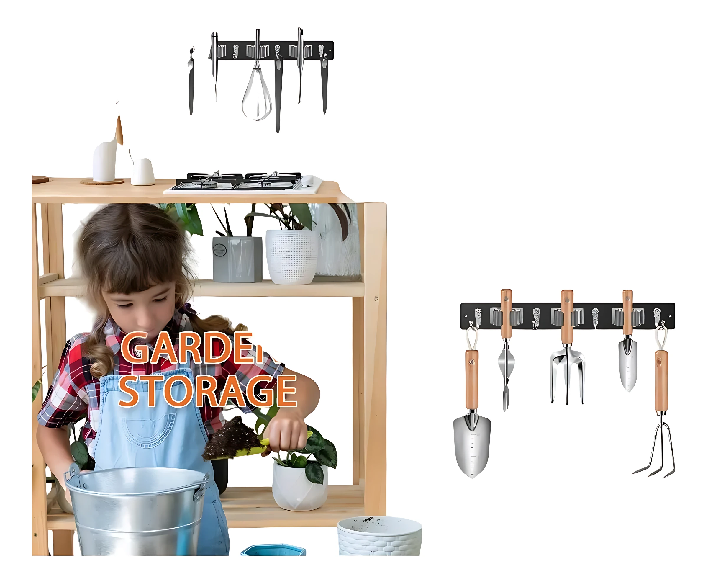 Organizador de pared negro con ganchos metálicos, mostrando herramientas de jardinería colgadas: rastrillo, pala, horquilla y regadera. Incluye estante de madera con macetas y niño plantando.
