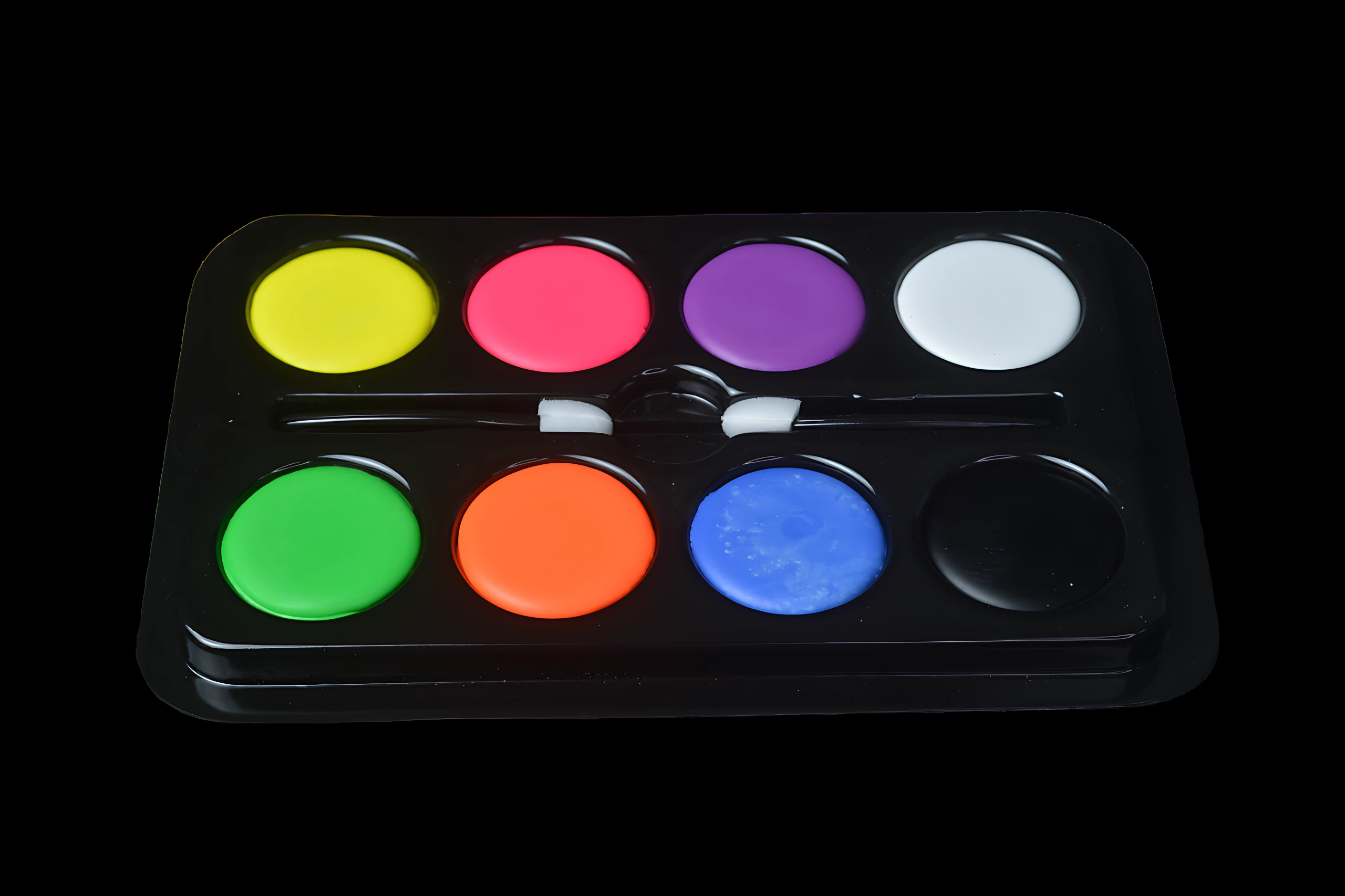 Paleta artística con ocho colores vibrantes, incluyendo amarillo, rosa, morado, blanco, verde, naranja, azul y negro, dispuestos en dos filas sobre base negra.