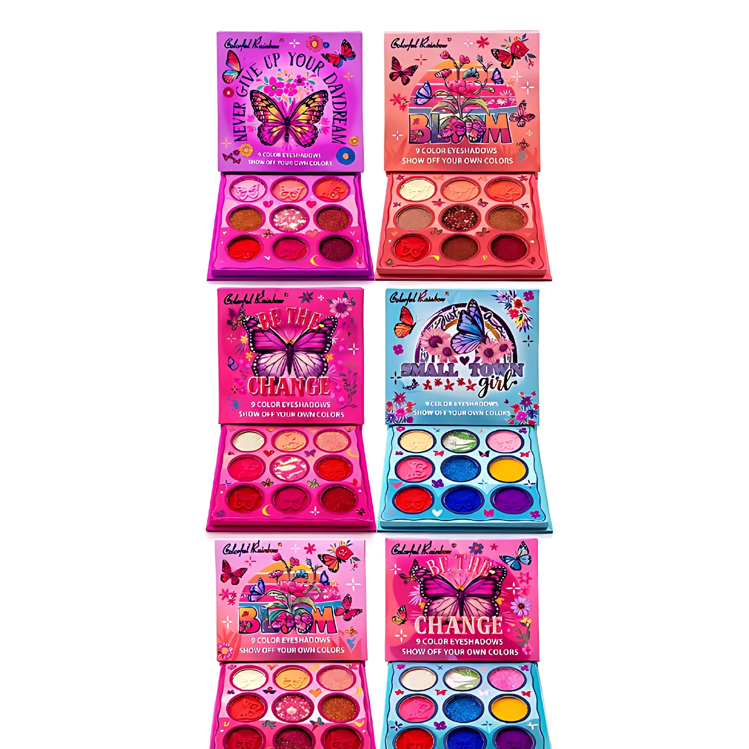 Paleta de sombras Small Town Girl con seis tonos vibrantes, diseño de mariposa y texto motivacional en tapa.