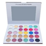 Paleta de sombras Princesa Azteca abierta, mostrando 30 tonos metálicos y neón organizados en cinco filas de seis círculos, con espejo en tapa superior.