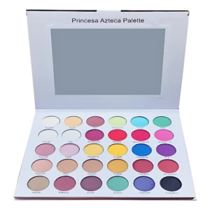 Paleta de sombras Princesa Azteca abierta, mostrando 30 tonos metálicos y neón organizados en cinco filas de seis círculos, con espejo en tapa superior.