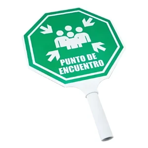 Paleta de señalización con octágono verde y blanco, texto "PUNTO DE ENCUENTRO" y siluetas de personas con flechas direccionales, para indicar zonas seguras en emergencias.