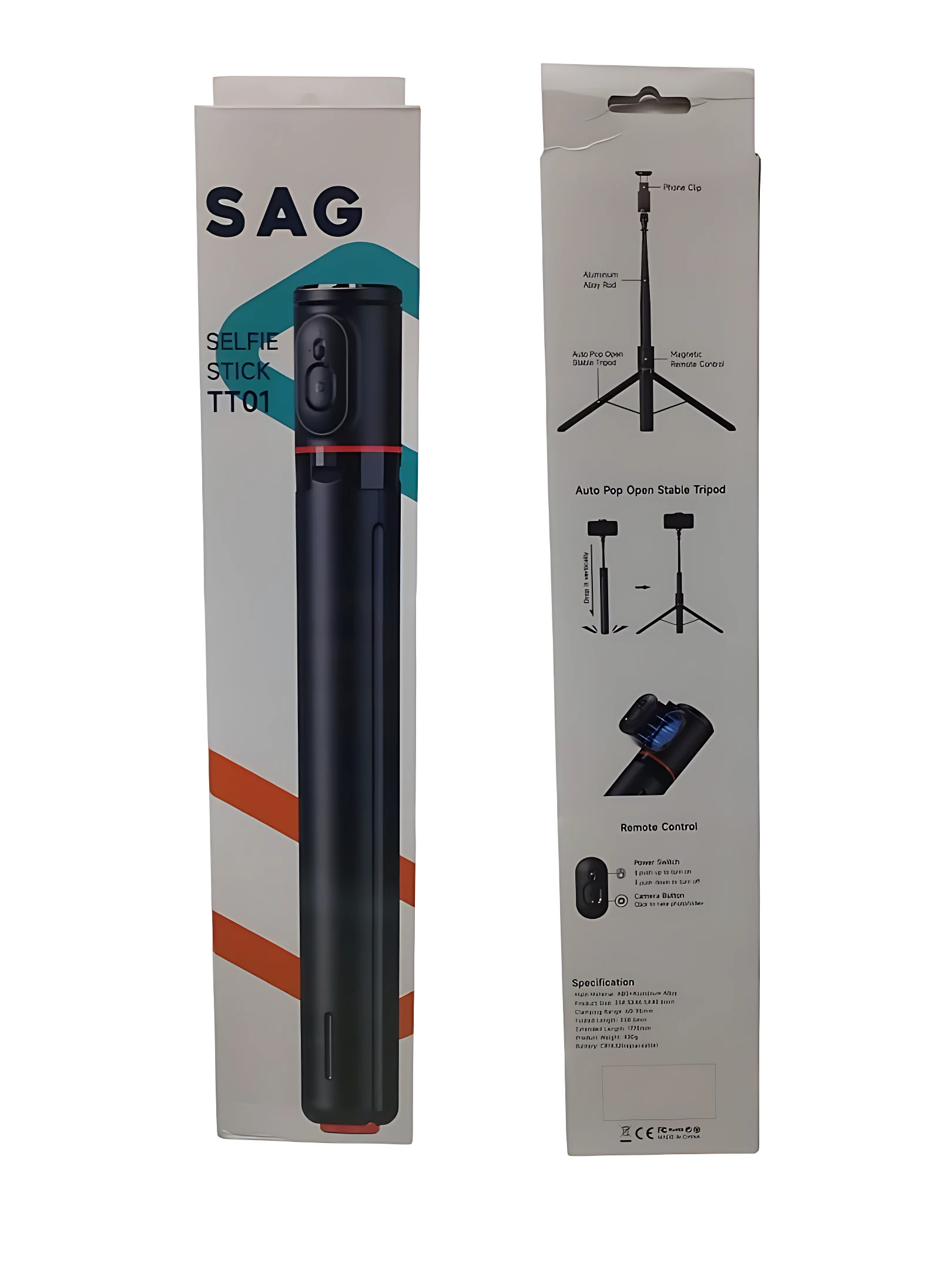 Palo selfie trípode TT01 negro en caja, con control remoto y trípode desplegable incluido.
