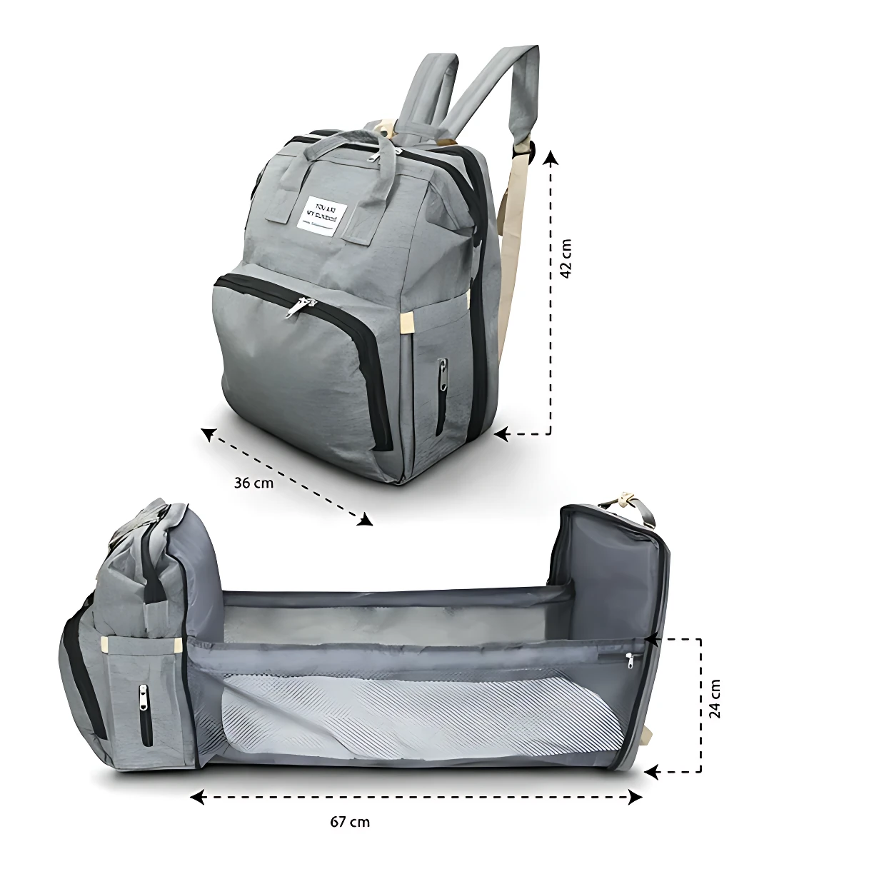 Pañalera morral gris con cambiador integrado, mostrando dimensiones: 67 cm de largo, 42 cm de alto y 36 cm de ancho. Incluye compartimento de malla y bolsillos laterales.