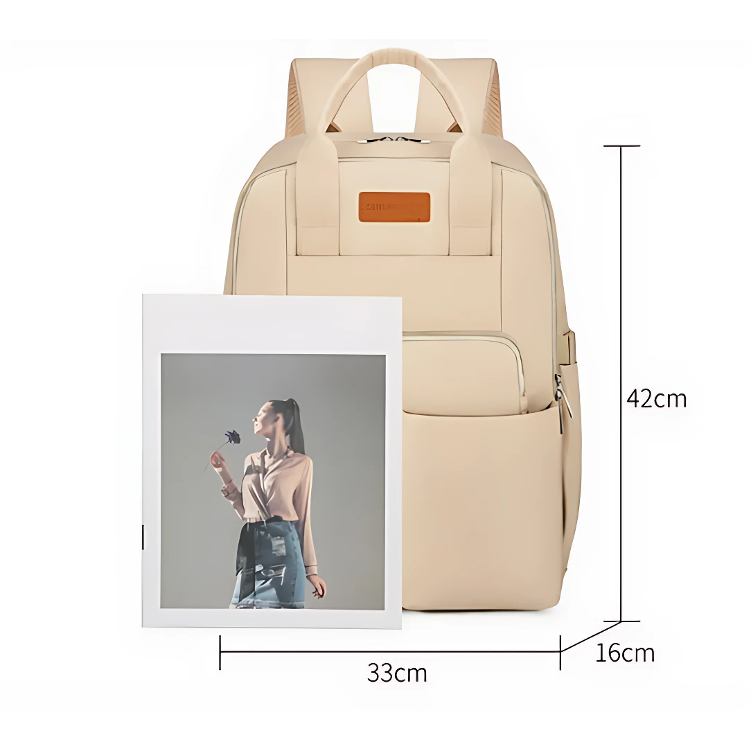 Pañalera Oxford beige con compartimento térmico lateral, medidas 42 cm de alto por 33 cm de ancho, ideal para transporte de equipo de bebé.