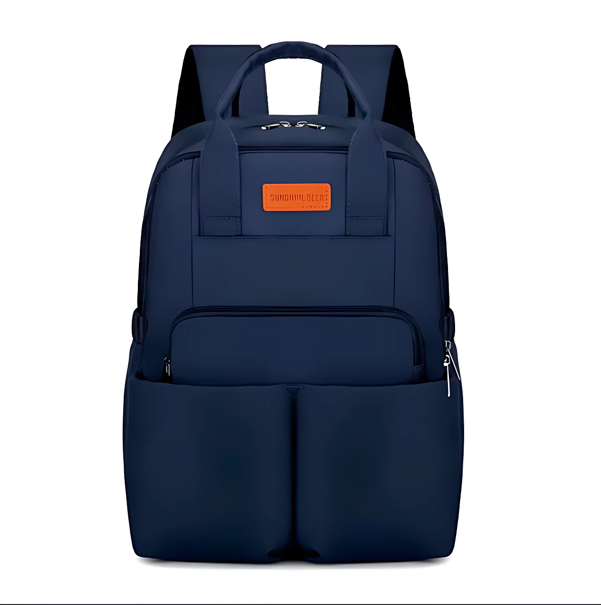 Pañalera Oxford azul marino con compartimentos térmicos, asas superiores y bolsillo frontal con cremallera.