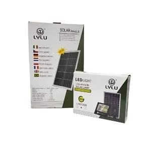 Caja de panel solar portátil LYLU de 300W, modelo LY67200, con lámpara LED integrada, en presentación de dos unidades, sobre fondo blanco.