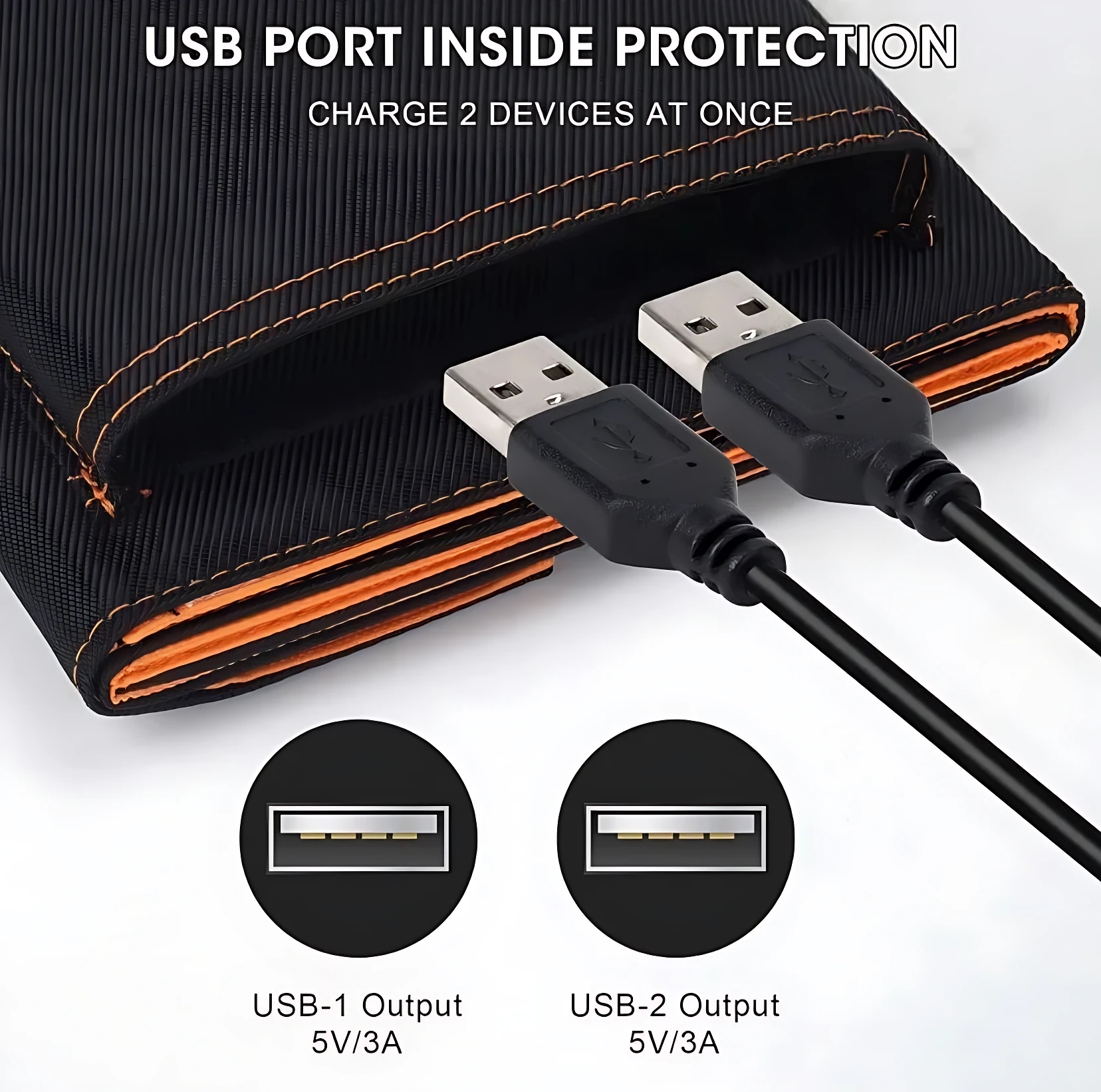 Panel solar plegable negro con costuras naranjas, mostrando puerto USB interno protegido y dos cables conectados para carga simultánea de dispositivos.