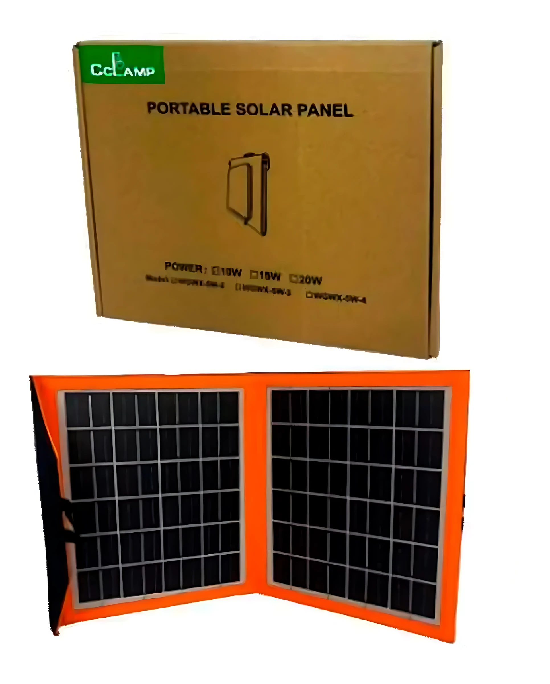Panel solar plegable monocristalino de 10W con marco naranja, desplegado en dos mitades, listo para cargar dispositivos al aire libre.
