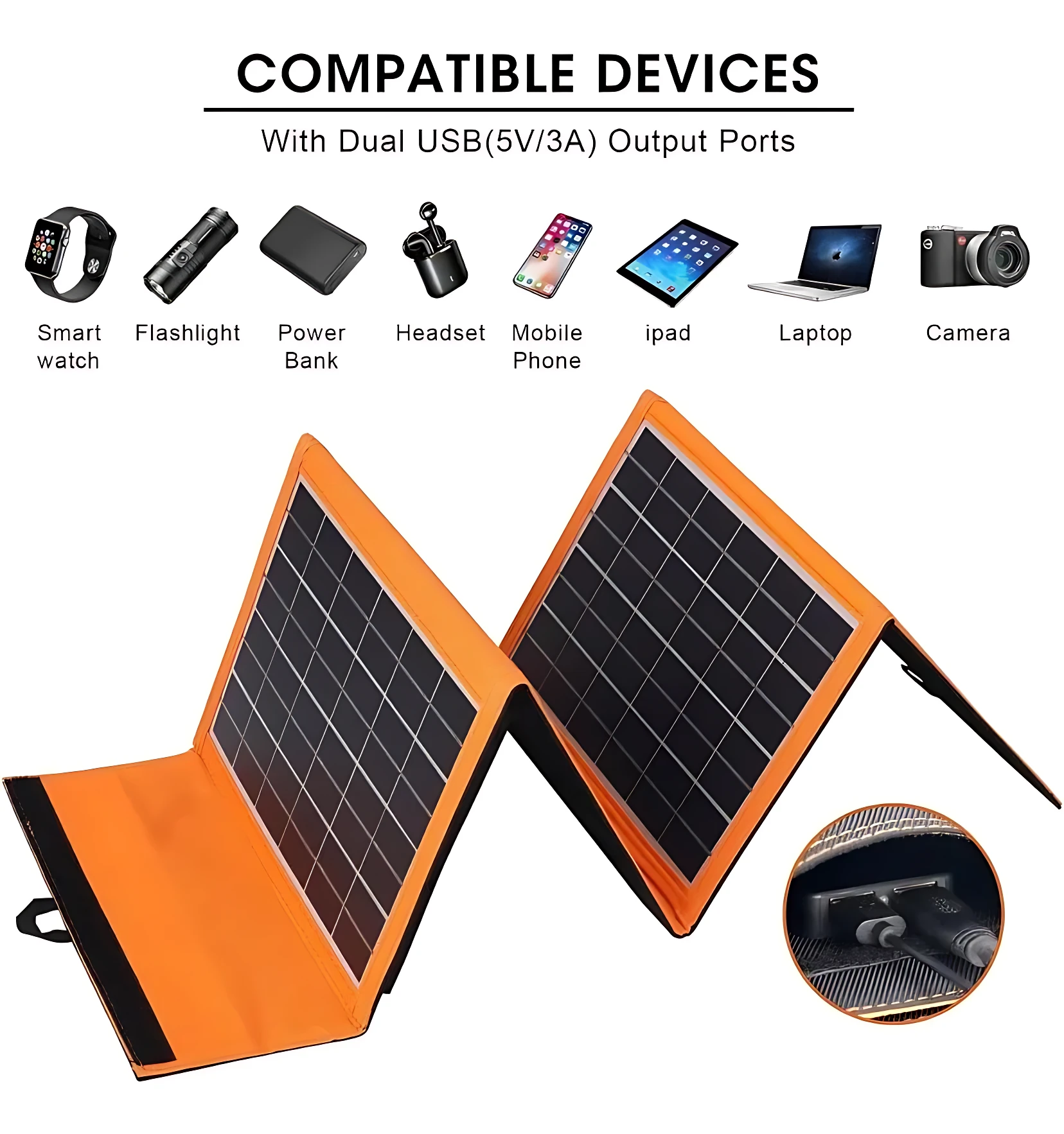Panel solar plegable naranja de 10W monocristalino, abierto en dos mitades con paneles fotovoltaicos visibles, mostrando conectores USB y ranura para cable. Compatible con relojes, flashlights, power banks, auriculares, móviles, tablets, laptops y cámaras.