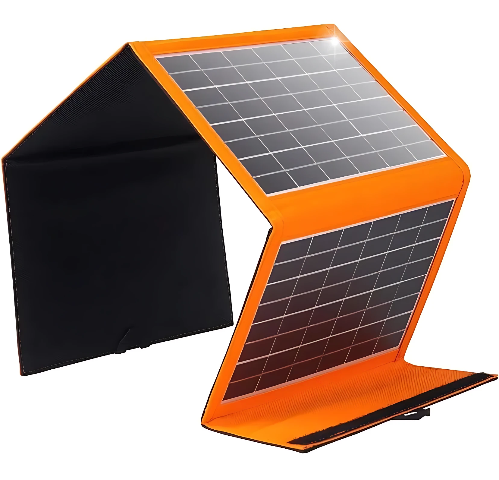 Panel solar plegable naranja de 10W monocristalino, abierto en ángulo, con superficie fotovoltaica visible y base plana para estabilidad.
