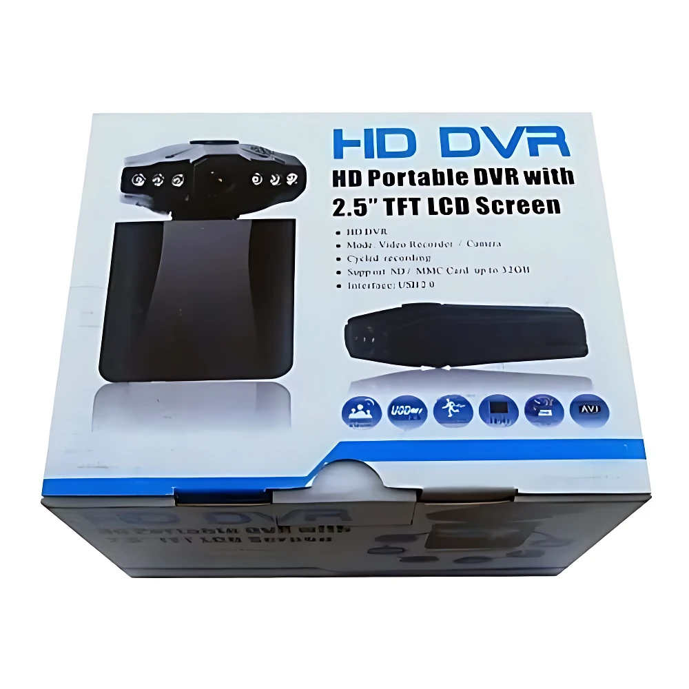 Caja del DVR multimedia 3 en 1 con pantalla TFT de 2.5 pulgadas, mostrando el dispositivo negro con lente gran angular y accesorios incluidos.