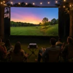 Pantalla de proyección de 150 pulgadas en exterior, con grupo de personas sentadas en sillas de camping viendo cine bajo luces de cadena.