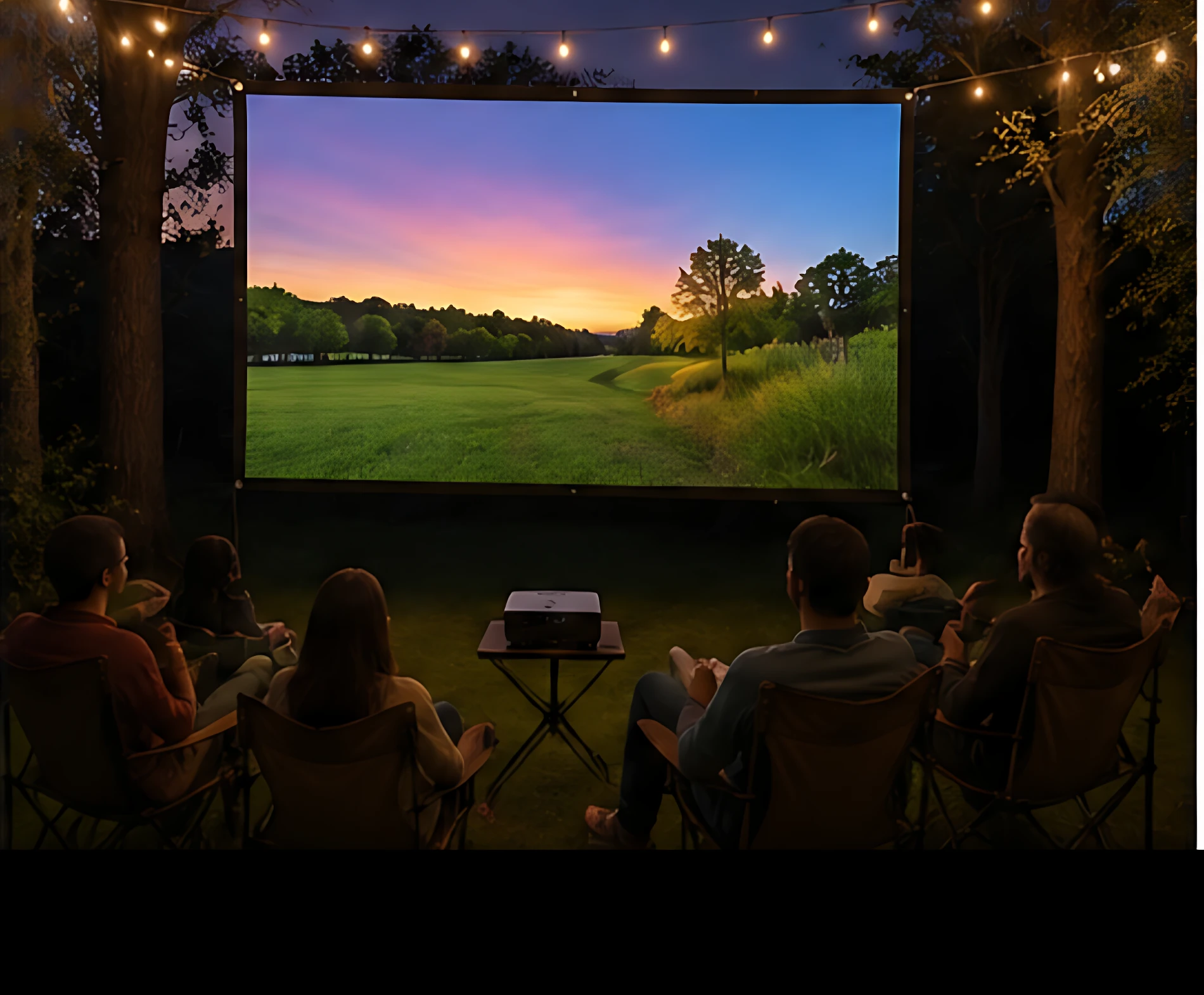 Pantalla de proyección de 150 pulgadas en exterior, con grupo de personas sentadas en sillas de camping viendo cine bajo luces de cadena.