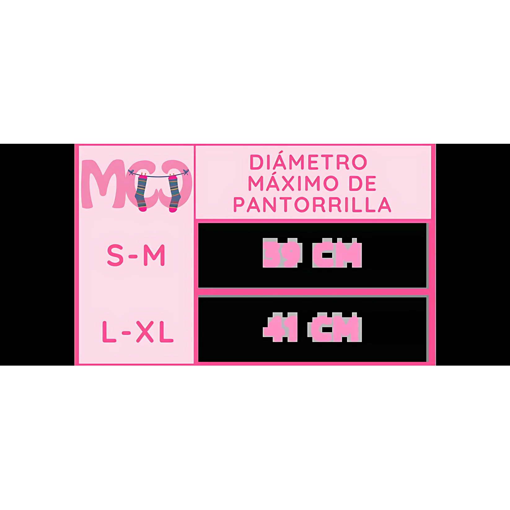 Tabla de tallas para pantorrilleras de compresión, con rangos S-M y L-XL según diámetro máximo de pantorrilla en centímetros.