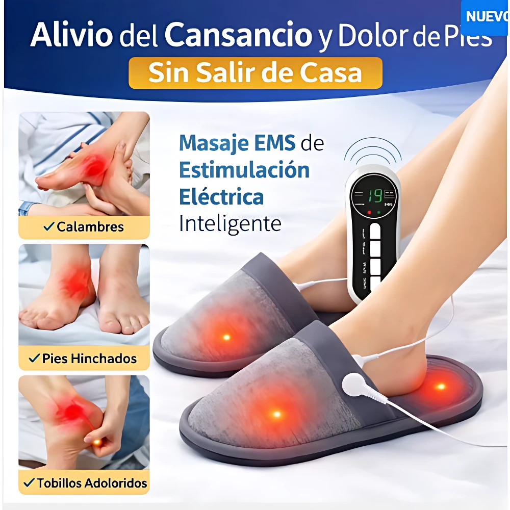 Pantuflas masajeadoras EMS con luces rojas y control digital, usadas por persona sentada; incluyen cable y muestran terapia para pies hinchados, calambres y tobillos doloridos.