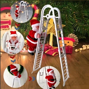Papá Noel sube escalera doble animada, color blanco, con detalles en rojo y negro, sobre fondo navideño con árbol y regalos.