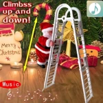 Papá Noel en traje rojo sube escalera doble blanca con luces, decoración navideña con regalos y árbol de fondo.