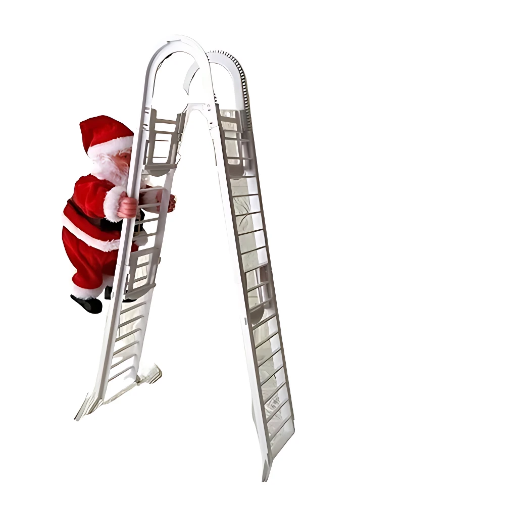 Papá Noel animado subiendo escalera doble metálica plateada, con traje rojo y blanco, en posición de ascenso lateral.