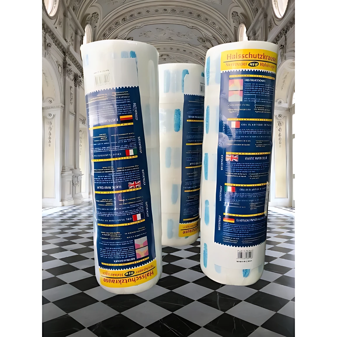 Dos rollos de papel cuello para barbería con adhesivo resistente, presentados en empaque blanco y azul con etiquetas multilingües, sobre piso de baldosas negras y blancas en interior de salón elegante.
