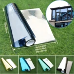Papel polarizado para ventanas en rollo de 300 cm, con acabado metálico plateado y variante dorada, ideal para reducir calor y proteger muebles.